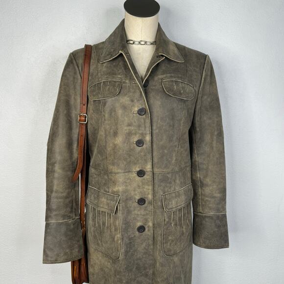 Vintage 90s Distressed Style Leather Trench Coat Button Front Size Medium - Picture 3 of 8